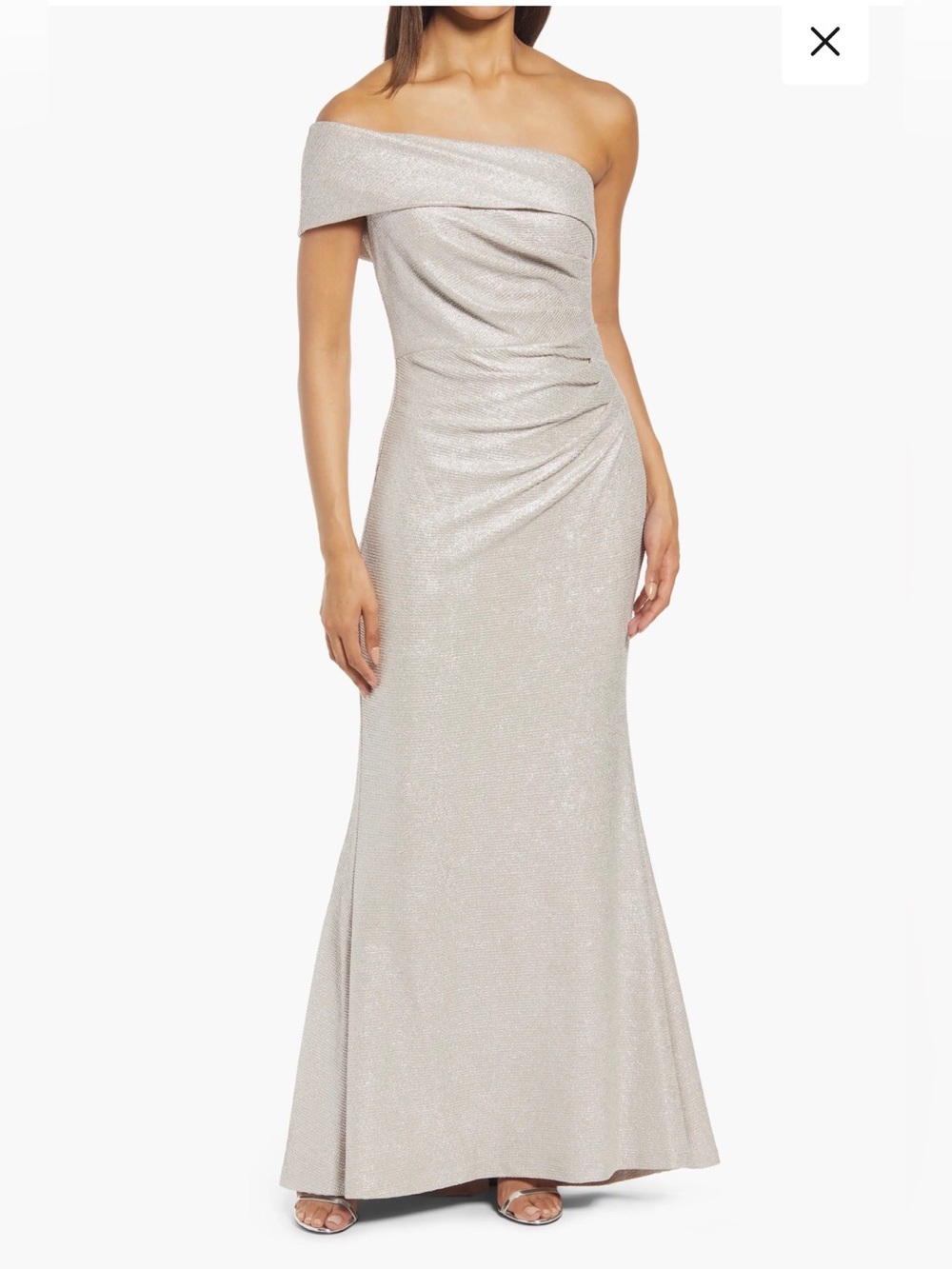 Eliza J One-Shoulder Shimmer Mermaid Gown in Champagne Size 10